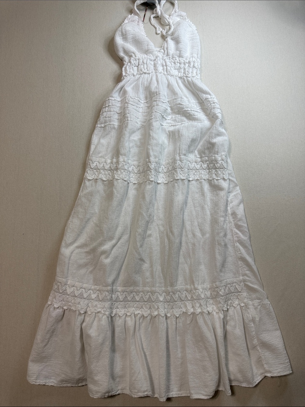 Seaspice White Halter Long Sleeve Maxi Dress with Lace Trim